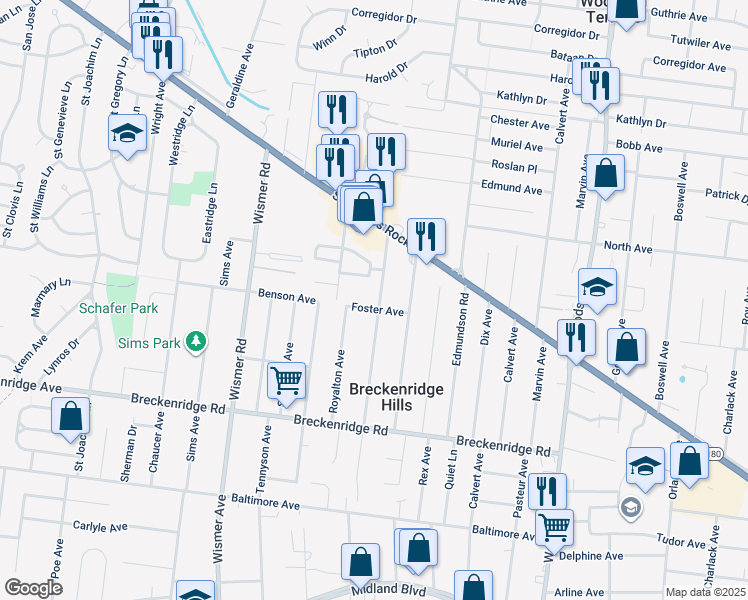 map of restaurants, bars, coffee shops, grocery stores, and more near 3407 Airway Avenue in Breckenridge Hills