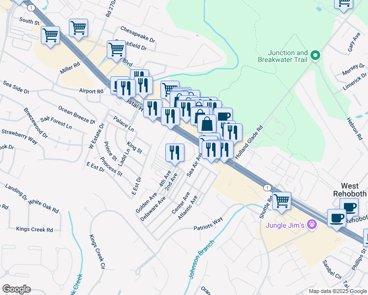 map of restaurants, bars, coffee shops, grocery stores, and more near 36501 Palm Drive in Rehoboth Beach