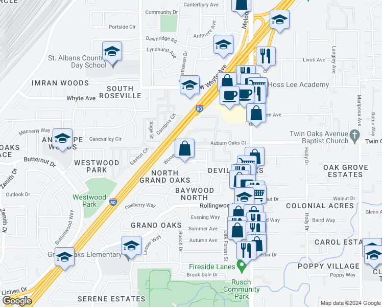 map of restaurants, bars, coffee shops, grocery stores, and more near 7378 Woodruff Way in Citrus Heights