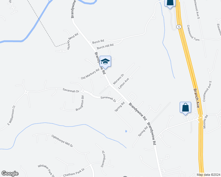 map of restaurants, bars, coffee shops, grocery stores, and more near 12500 Brandywine Road in Brandywine
