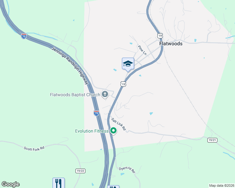 map of restaurants, bars, coffee shops, grocery stores, and more near Stonewall Jackson Highway in Flatwoods