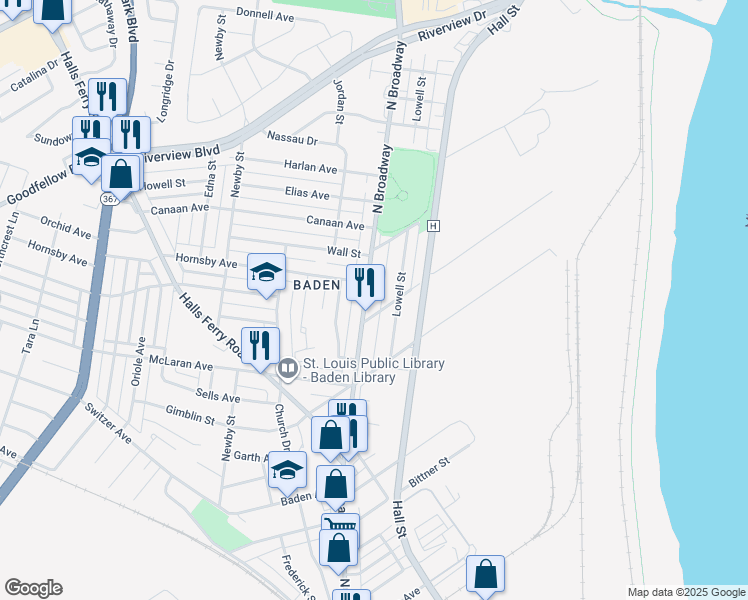 map of restaurants, bars, coffee shops, grocery stores, and more near 8518 North Broadway in St. Louis