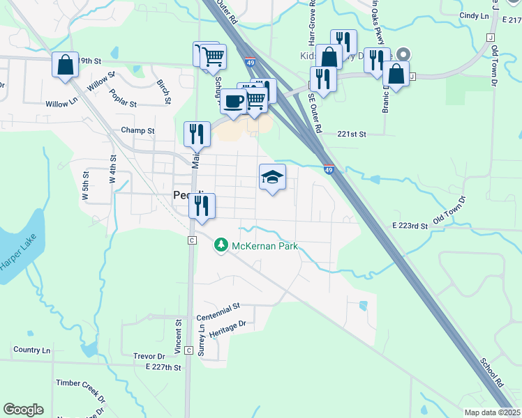 map of restaurants, bars, coffee shops, grocery stores, and more near 201 East 3rd Street in Peculiar
