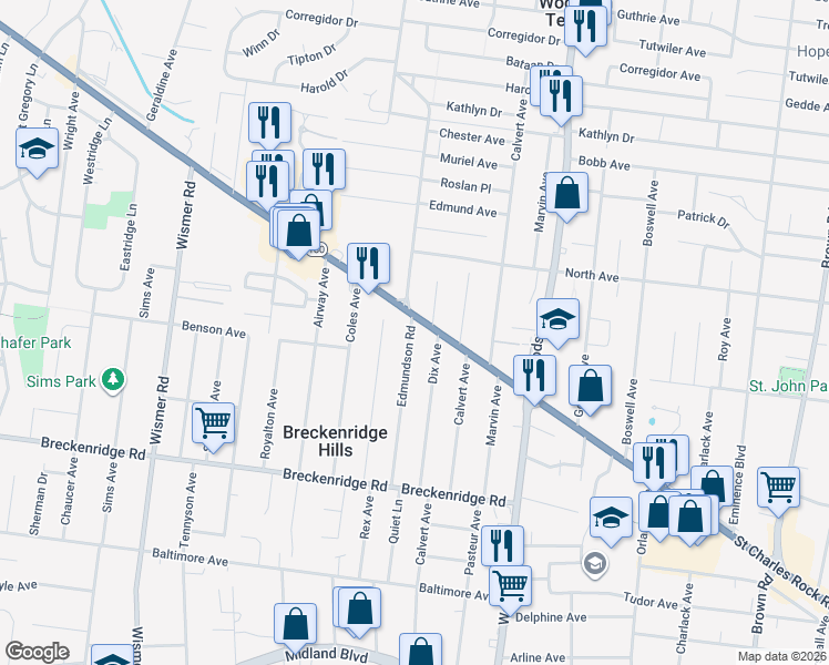 map of restaurants, bars, coffee shops, grocery stores, and more near 9518 Saint Charles Rock Road in St. Louis