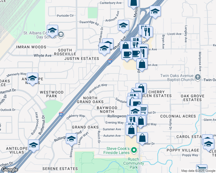 map of restaurants, bars, coffee shops, grocery stores, and more near 7386 Woodruff Way in Citrus Heights