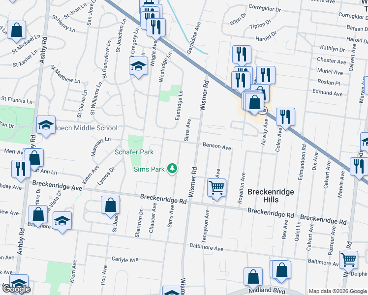 map of restaurants, bars, coffee shops, grocery stores, and more near 3360 Sims Avenue in Saint Ann