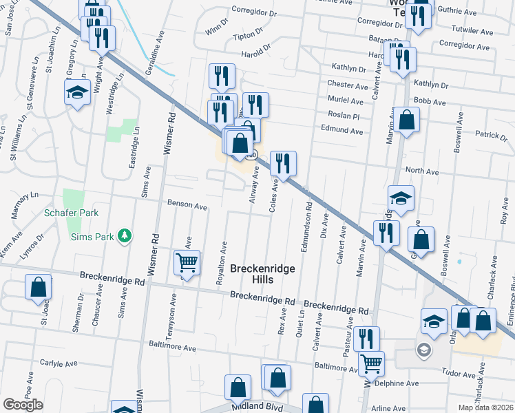 map of restaurants, bars, coffee shops, grocery stores, and more near 3412 Airway Avenue in Breckenridge Hills