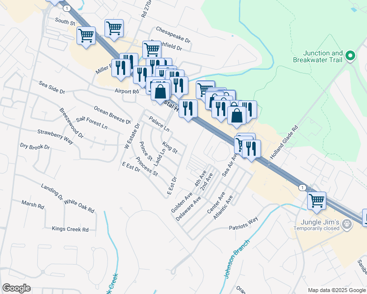 map of restaurants, bars, coffee shops, grocery stores, and more near 165 Palace Street in Rehoboth Beach