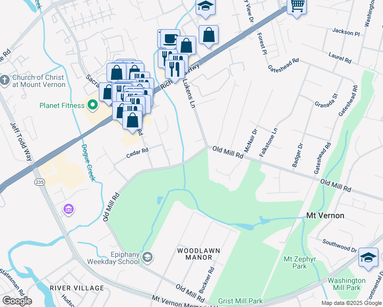 map of restaurants, bars, coffee shops, grocery stores, and more near 4914 Old Mill Road in Alexandria