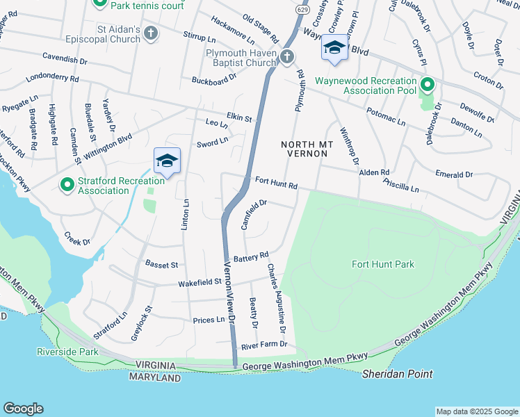 map of restaurants, bars, coffee shops, grocery stores, and more near 8825 Camfield Drive in Alexandria