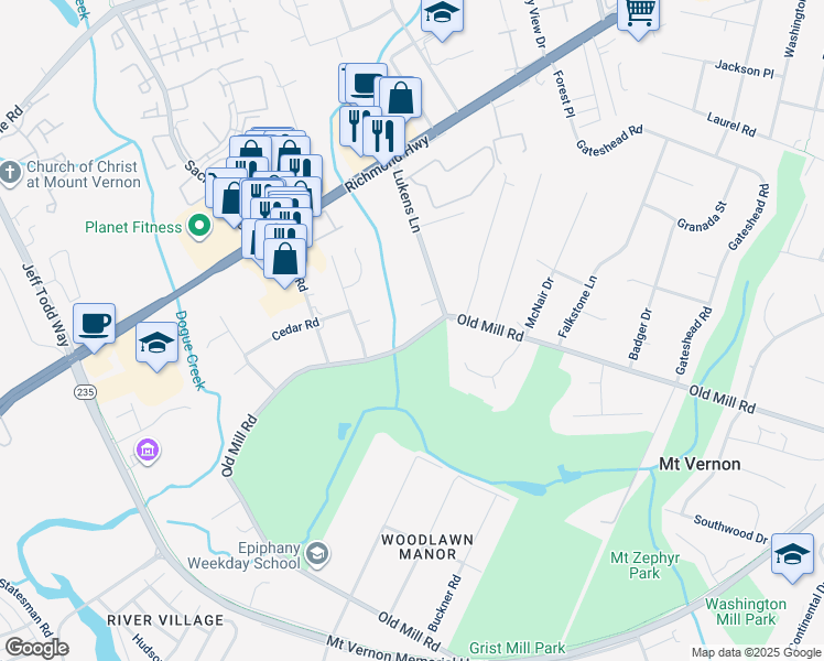 map of restaurants, bars, coffee shops, grocery stores, and more near 4914 Old Mill Road in Alexandria