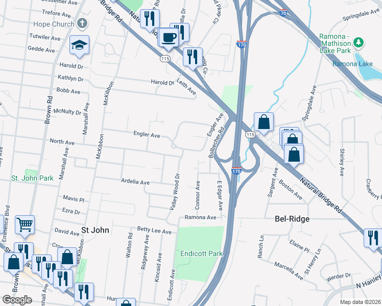 map of restaurants, bars, coffee shops, grocery stores, and more near 8420 Engler Avenue in St. Louis