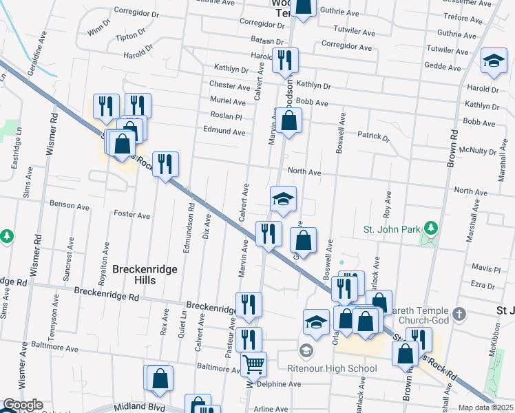 map of restaurants, bars, coffee shops, grocery stores, and more near 9309 Shirley Gardens 4 Fam Drive in St. Louis