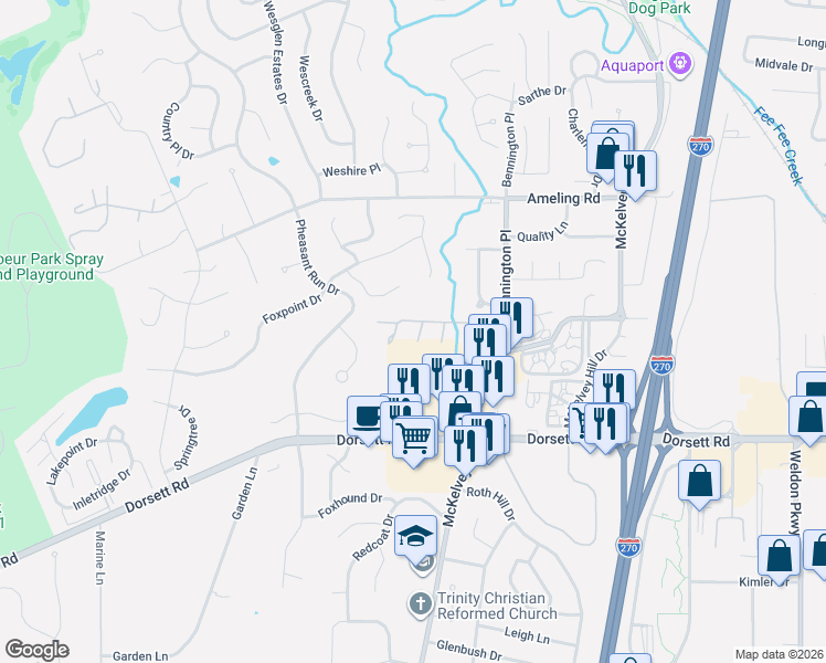 map of restaurants, bars, coffee shops, grocery stores, and more near 2046 Silent Spring Drive in Maryland Heights