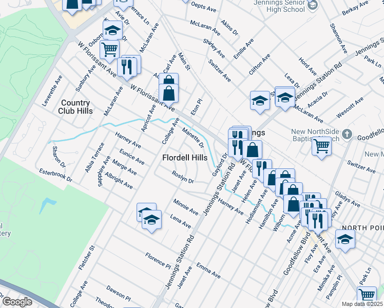 map of restaurants, bars, coffee shops, grocery stores, and more near 7108 Paisley Drive in St. Louis