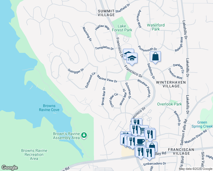 map of restaurants, bars, coffee shops, grocery stores, and more near 2001 Brook Mar Drive in El Dorado Hills