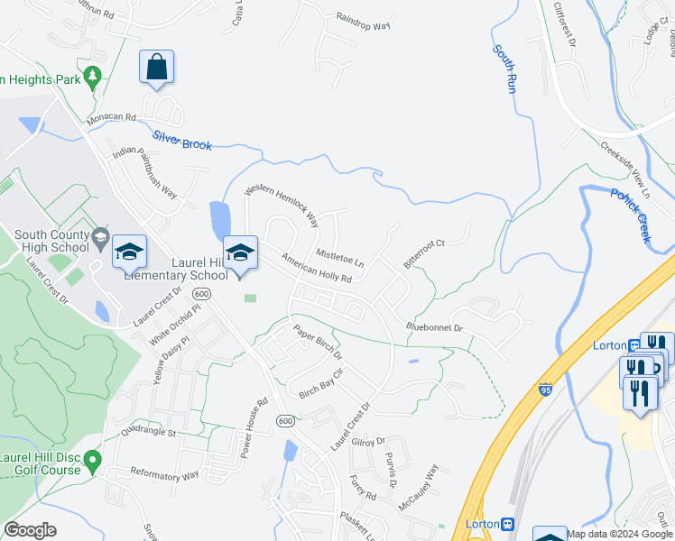 map of restaurants, bars, coffee shops, grocery stores, and more near 8140 American Holly Rd in Lorton