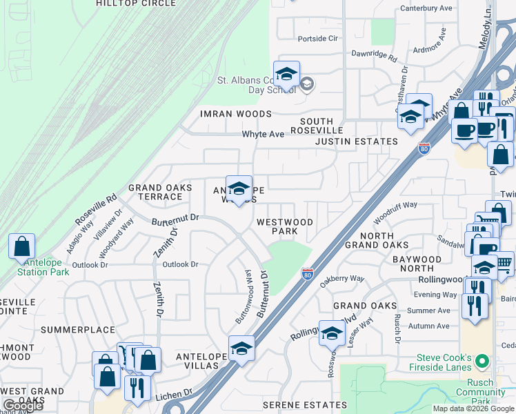 map of restaurants, bars, coffee shops, grocery stores, and more near 8352 Lichen Drive in Citrus Heights