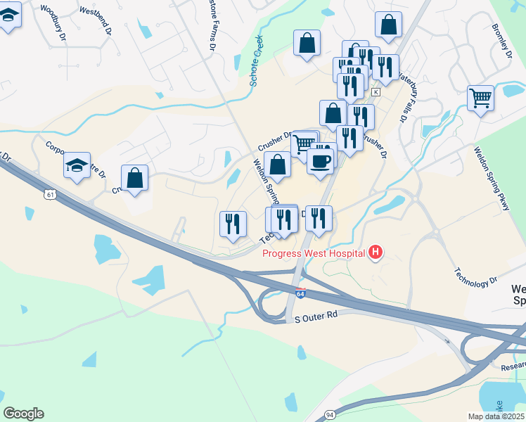 map of restaurants, bars, coffee shops, grocery stores, and more near 6700-6766 Weldon Spring Road in O'Fallon