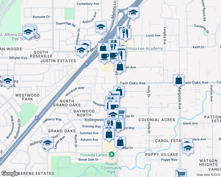 map of restaurants, bars, coffee shops, grocery stores, and more near 7477 Bellbrook Court in Citrus Heights