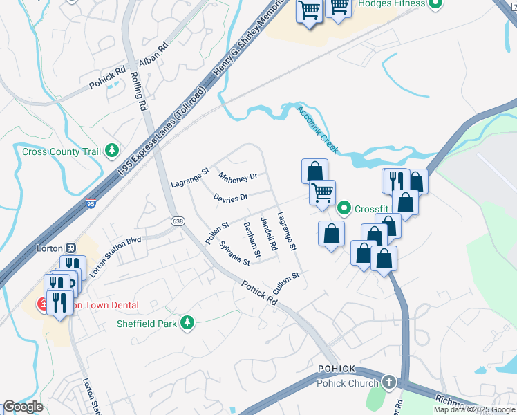 map of restaurants, bars, coffee shops, grocery stores, and more near 7506 Pollen Street in Lorton