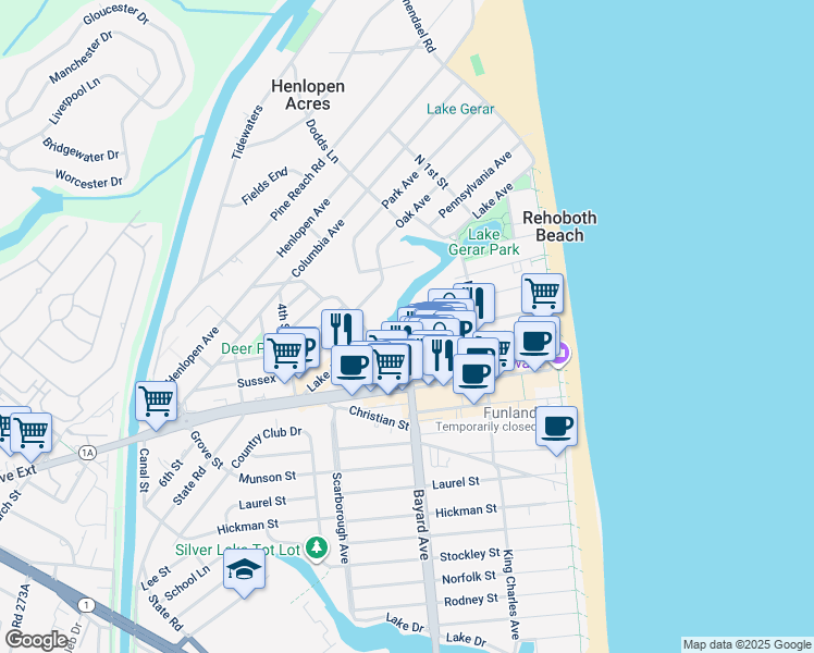 map of restaurants, bars, coffee shops, grocery stores, and more near 59 Maryland Avenue in Rehoboth Beach