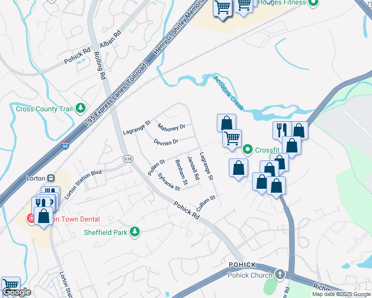 map of restaurants, bars, coffee shops, grocery stores, and more near 7506 Pollen Street in Lorton