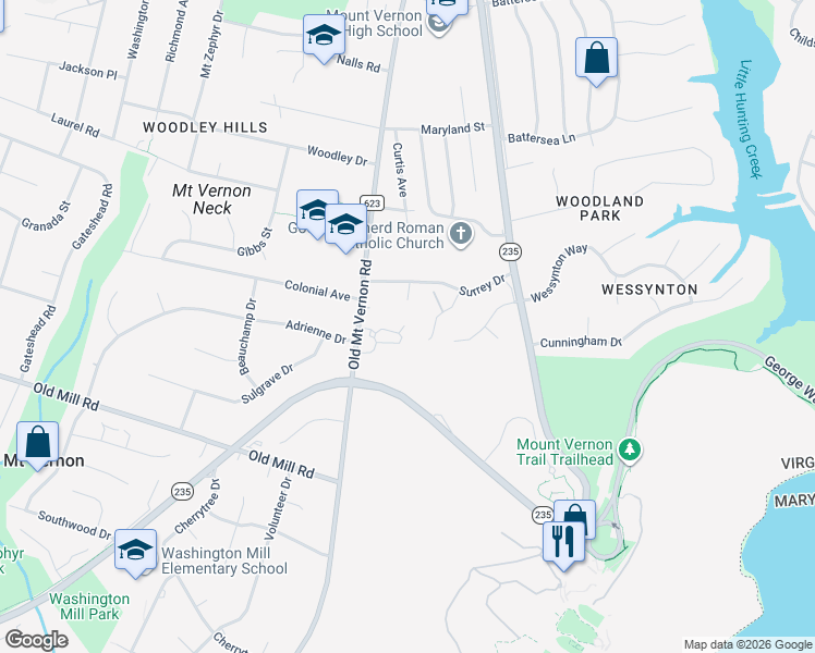 map of restaurants, bars, coffee shops, grocery stores, and more near 3610 South Place in Alexandria