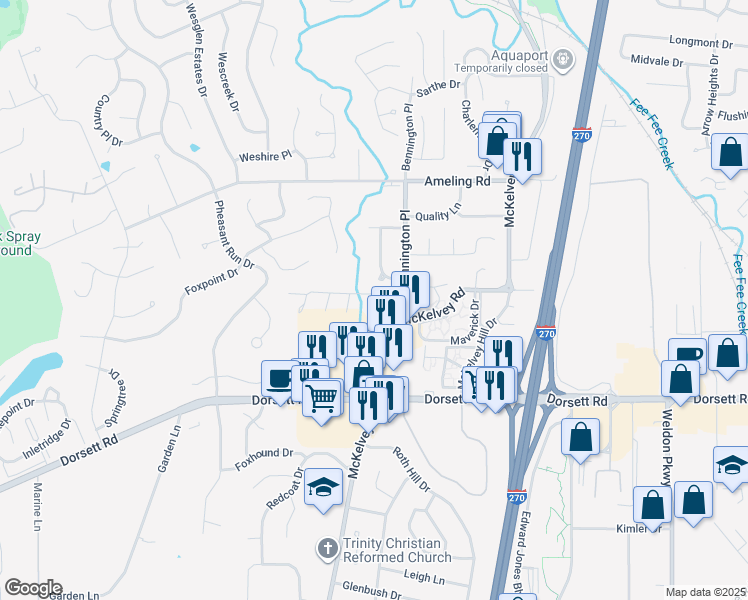 map of restaurants, bars, coffee shops, grocery stores, and more near 2045 Quiet Stream Drive in Maryland Heights