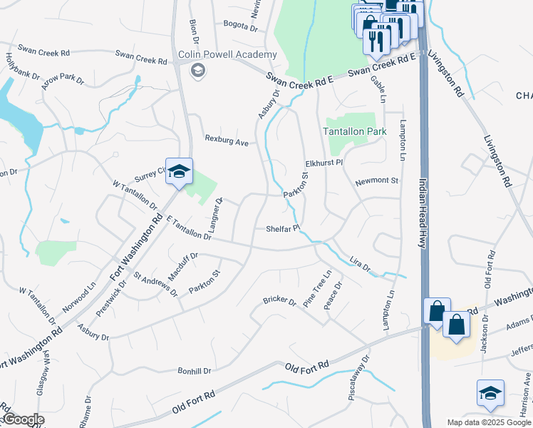 map of restaurants, bars, coffee shops, grocery stores, and more near 12414 Asbury Drive in Fort Washington