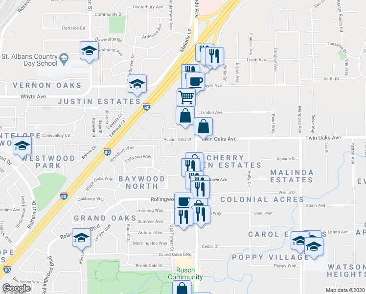 map of restaurants, bars, coffee shops, grocery stores, and more near 7473 Bellbrook Court in Citrus Heights