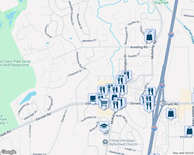 map of restaurants, bars, coffee shops, grocery stores, and more near 12114 Rush Creek Way in Maryland Heights
