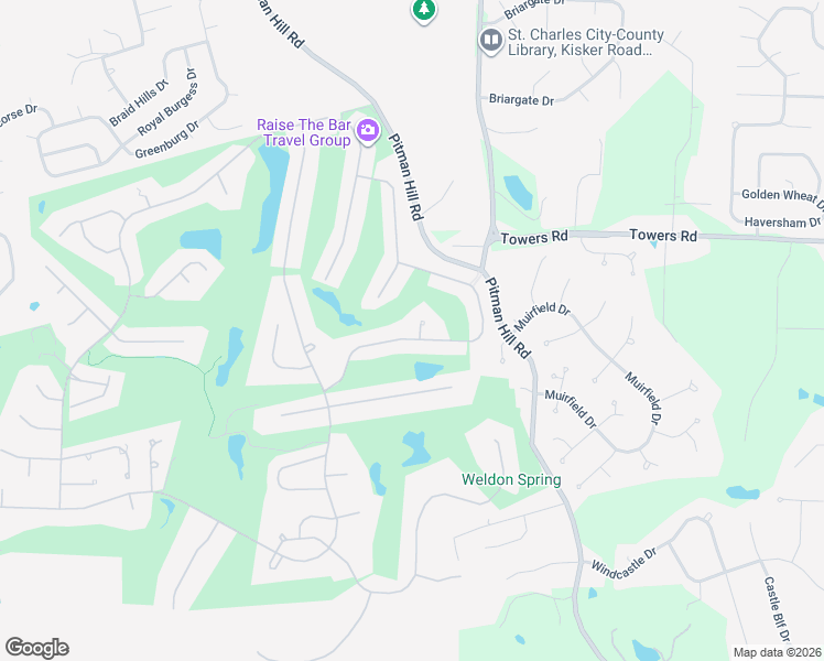map of restaurants, bars, coffee shops, grocery stores, and more near 50 Crocknaraw Lane in Weldon Spring