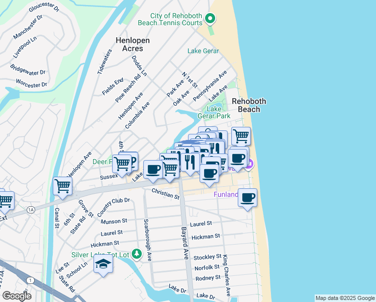 map of restaurants, bars, coffee shops, grocery stores, and more near 51 Maryland Avenue in Rehoboth Beach