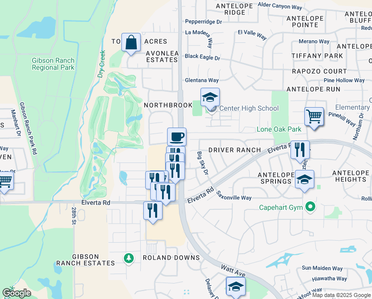 map of restaurants, bars, coffee shops, grocery stores, and more near 3101 Lazy J Court in Antelope