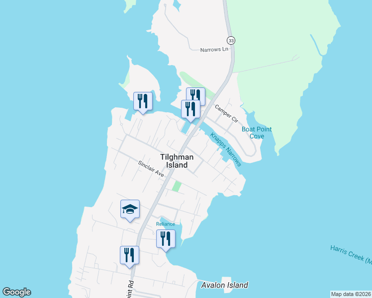 map of restaurants, bars, coffee shops, grocery stores, and more near 21523 Chicken Point Road in Tilghman Island