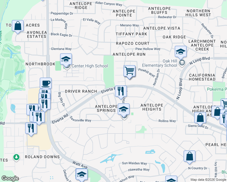 map of restaurants, bars, coffee shops, grocery stores, and more near 8144 Prior Way in Antelope