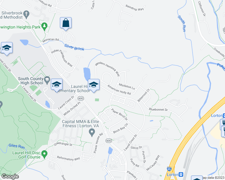 map of restaurants, bars, coffee shops, grocery stores, and more near 8155 American Holly Road in Lorton