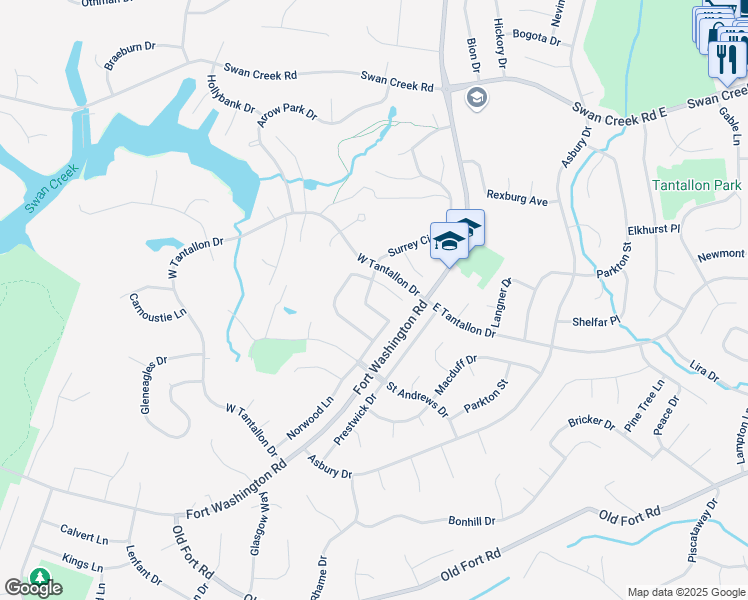 map of restaurants, bars, coffee shops, grocery stores, and more near 12508 Surrey Circle Drive in Fort Washington
