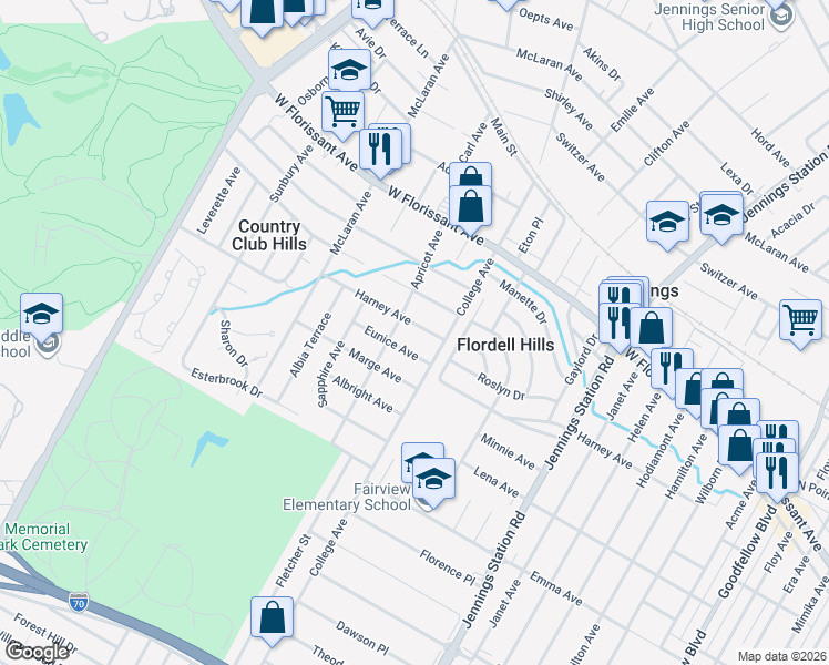 map of restaurants, bars, coffee shops, grocery stores, and more near 7207 Harney Avenue in Jennings