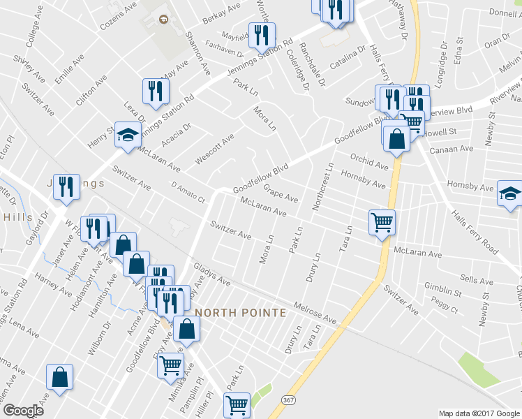 map of restaurants, bars, coffee shops, grocery stores, and more near 8646 Trafford Lane in St. Louis