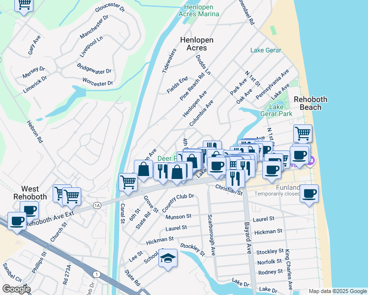 map of restaurants, bars, coffee shops, grocery stores, and more near 11 4th Street in Rehoboth Beach
