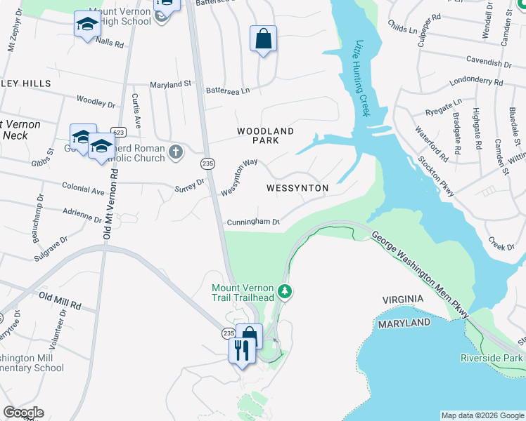 map of restaurants, bars, coffee shops, grocery stores, and more near 8805 Mansion Farm Place in Alexandria