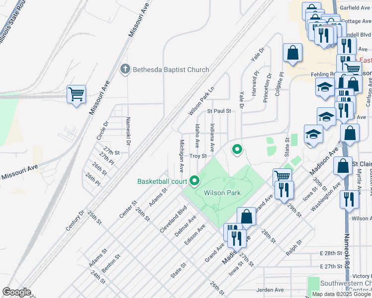 map of restaurants, bars, coffee shops, grocery stores, and more near 2828 Michigan Avenue in Granite City