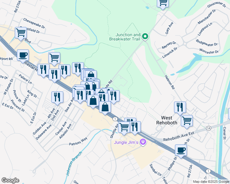 map of restaurants, bars, coffee shops, grocery stores, and more near 19805 Coastal Highway in Rehoboth Beach
