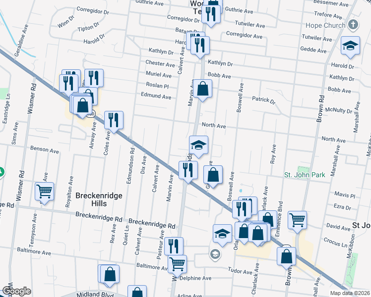 map of restaurants, bars, coffee shops, grocery stores, and more near 9309 Shirley Gardens 4 Fam Drive in St. Louis