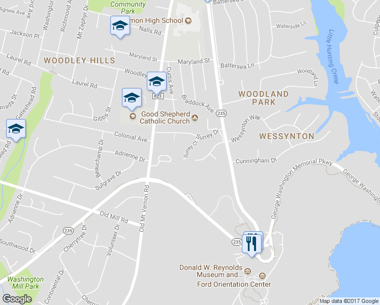 map of restaurants, bars, coffee shops, grocery stores, and more near 8811 Surrey Court in Alexandria