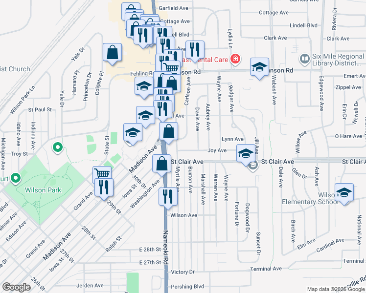map of restaurants, bars, coffee shops, grocery stores, and more near 3125 Myrtle Avenue in Granite City
