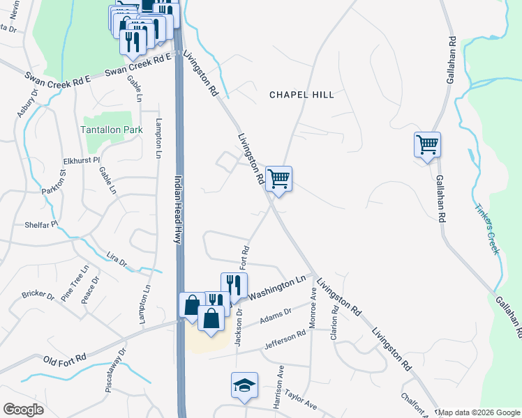 map of restaurants, bars, coffee shops, grocery stores, and more near 12505 Old Fort Road in Fort Washington