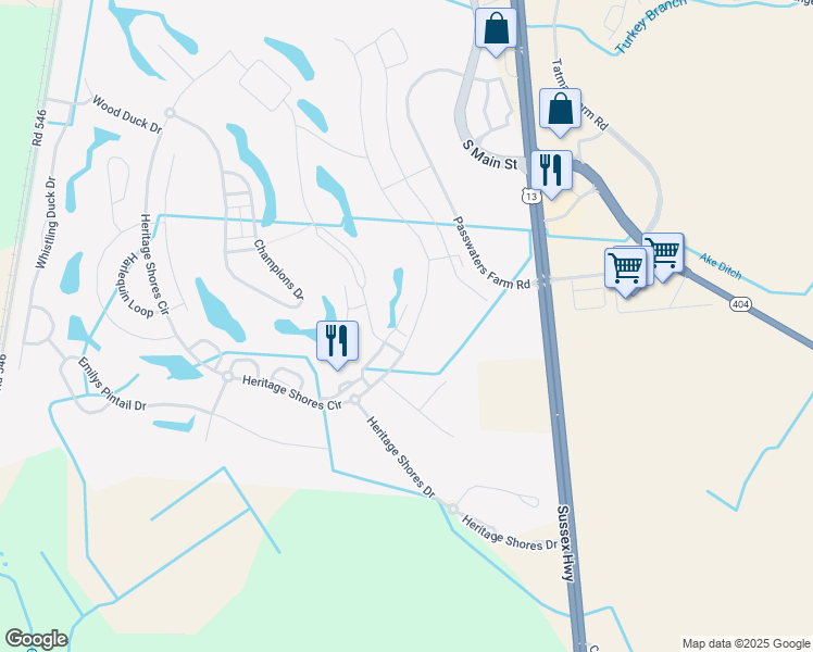map of restaurants, bars, coffee shops, grocery stores, and more near 30 Royal View Drive in Bridgeville
